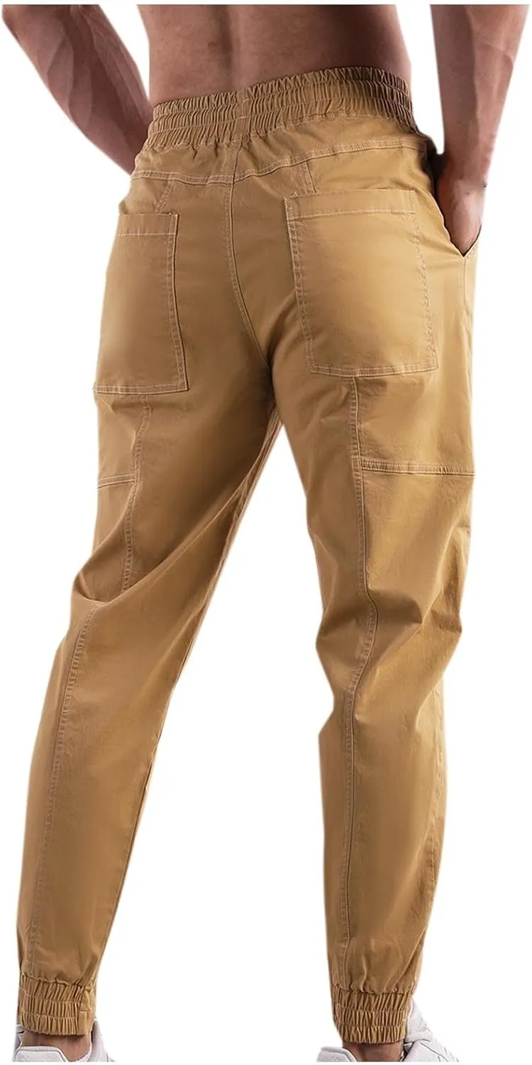 Men's Durable Cargo Pants Workout Athletic Twill Cinch Bottom Casual Joggers Pants Elastic Waist Tapered Chinos Pants