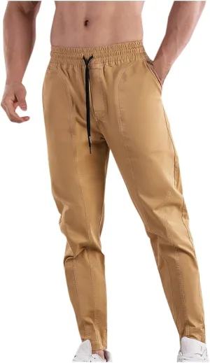 Men's Durable Cargo Pants Workout Athletic Twill Cinch Bottom Casual Joggers Pants Elastic Waist Tapered Chinos Pants