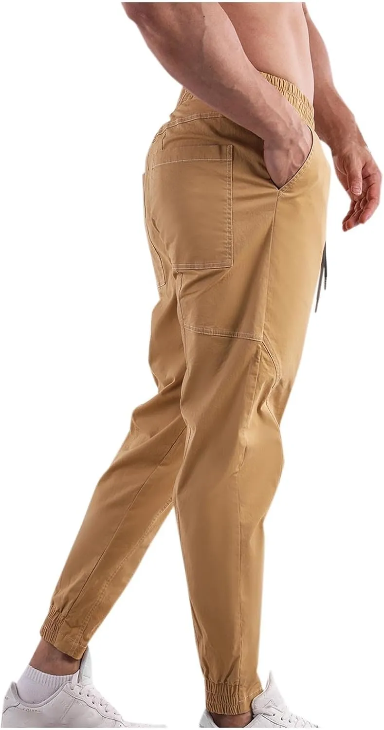 Men's Durable Cargo Pants Workout Athletic Twill Cinch Bottom Casual Joggers Pants Elastic Waist Tapered Chinos Pants