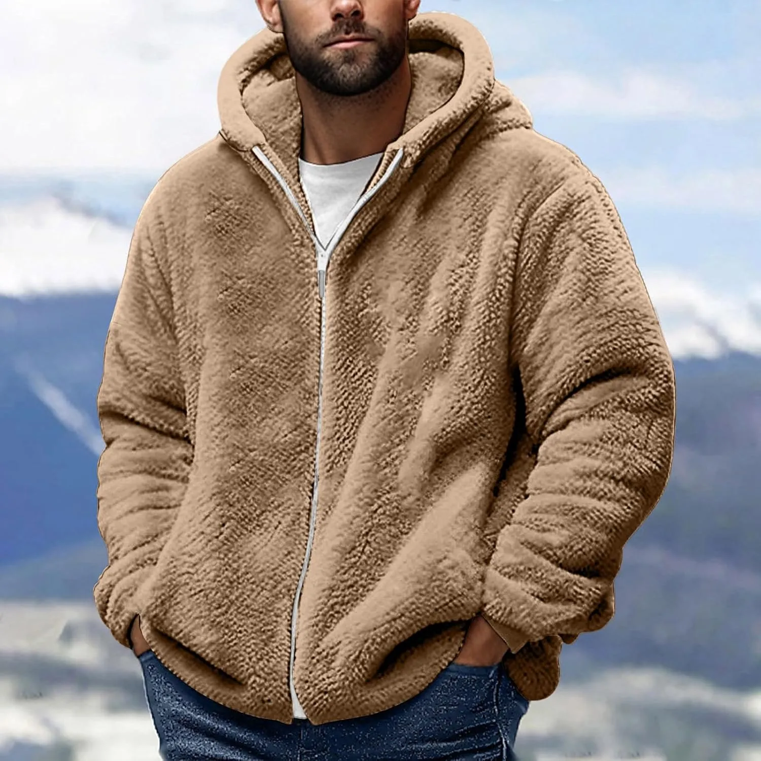 Men's Fuzzy Sherpa Jackets Fleece Hoodie Casual Warm Winter Jacket Full Zipper Long Sleeve Solid Fall Fashion Outwear