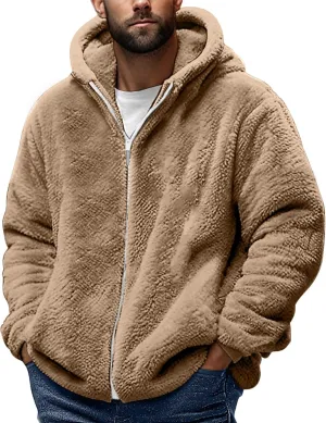 Men's Fuzzy Sherpa Jackets Fleece Hoodie Casual Warm Winter Jacket Full Zipper Long Sleeve Solid Fall Fashion Outwear