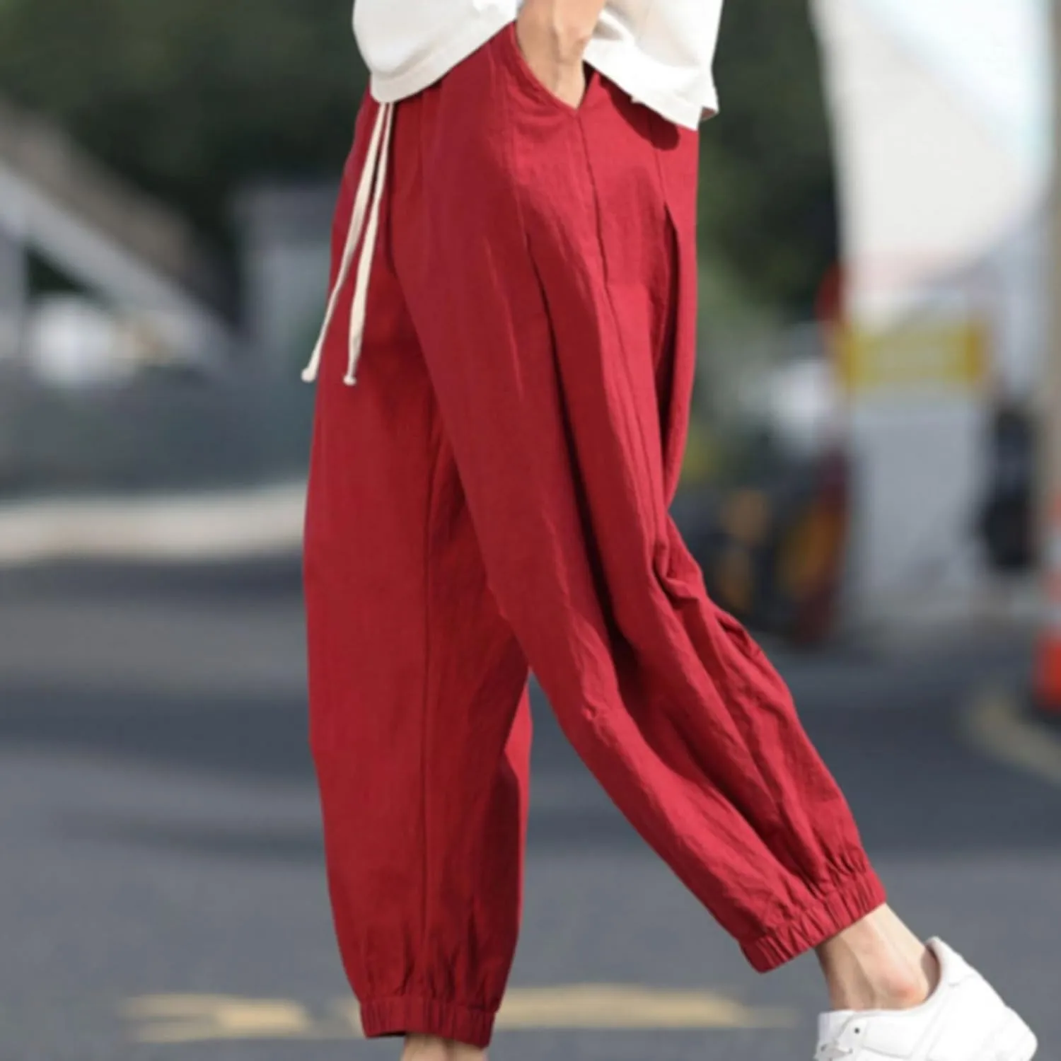 Mens Linen Casual Pants Classic Elastic Waist Drawstring Trousers Summer Casual Yoga Joggers Trouser Solid Beach Pants