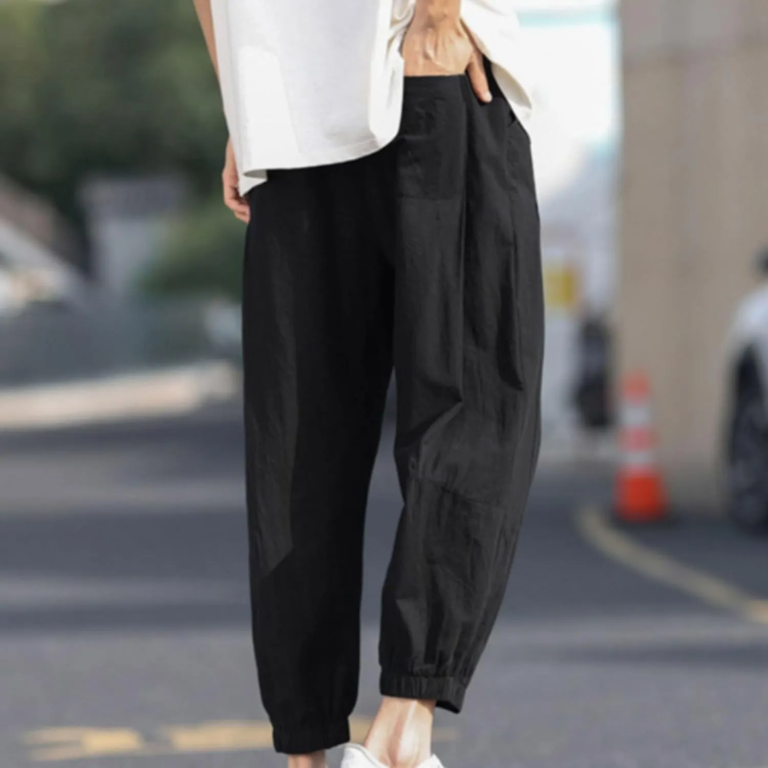 Mens Linen Casual Pants Classic Elastic Waist Drawstring Trousers Summer Casual Yoga Joggers Trouser Solid Beach Pants