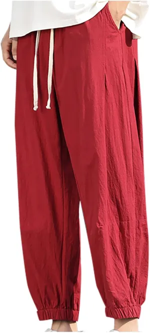 Mens Linen Casual Pants Classic Elastic Waist Drawstring Trousers Summer Casual Yoga Joggers Trouser Solid Beach Pants