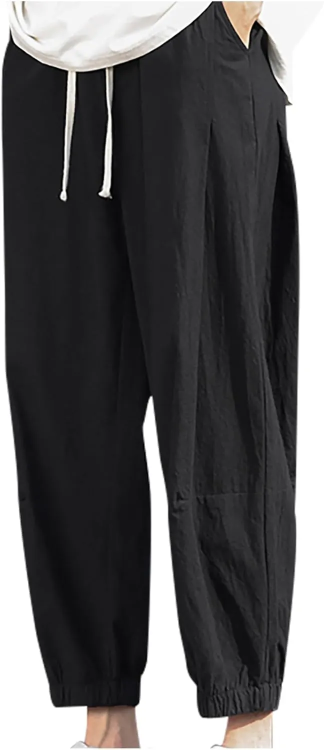 Mens Linen Casual Pants Classic Elastic Waist Drawstring Trousers Summer Casual Yoga Joggers Trouser Solid Beach Pants