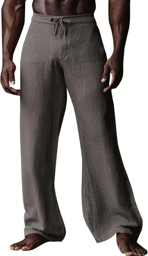 Mens Linen Pants 2025 Summer Loose Fit Straight Leg Drawstring Pants with Pockets Casual Lightweight Beach Pant