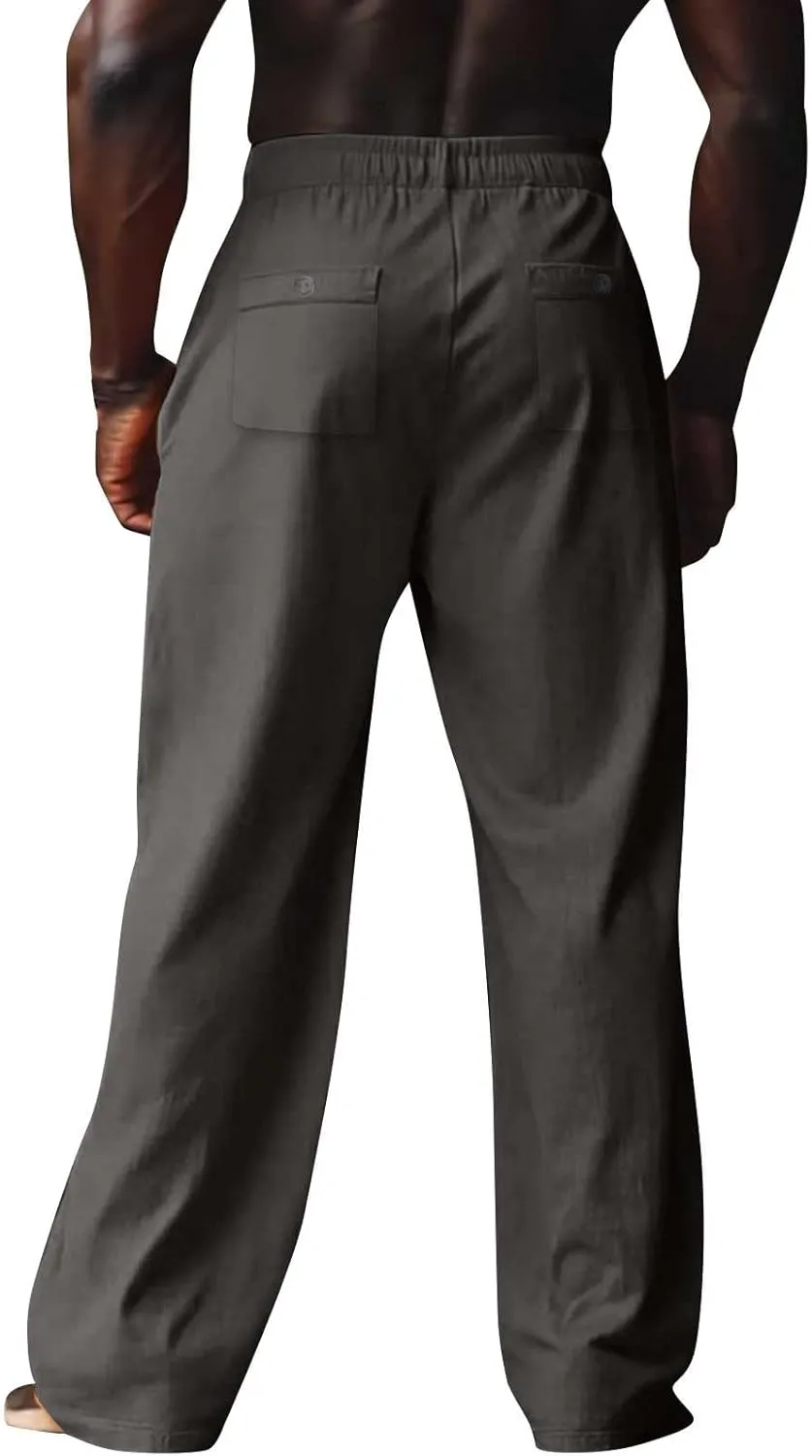 Mens Linen Pants 2025 Summer Loose Fit Straight Leg Drawstring Pants with Pockets Casual Lightweight Beach Pant