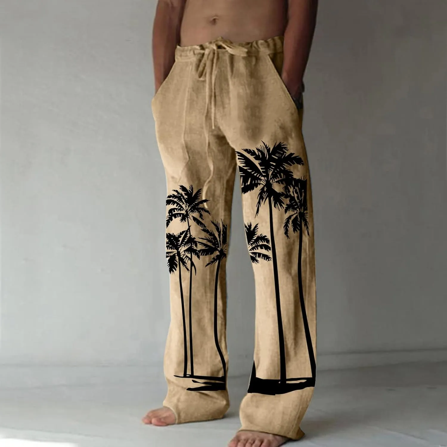 Mens Linen Pants Casual Coconut Tree Print Summer Beach Pants Elastic Waist Drawstring Baggy Trousers with Pockets