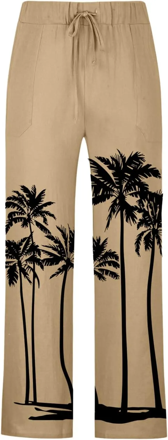 Mens Linen Pants Casual Coconut Tree Print Summer Beach Pants Elastic Waist Drawstring Baggy Trousers with Pockets