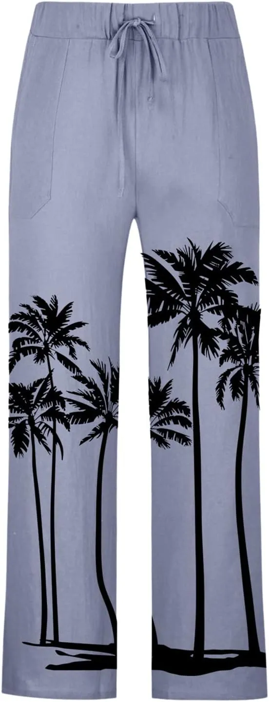 Mens Linen Pants Casual Coconut Tree Print Summer Beach Pants Elastic Waist Drawstring Baggy Trousers with Pockets