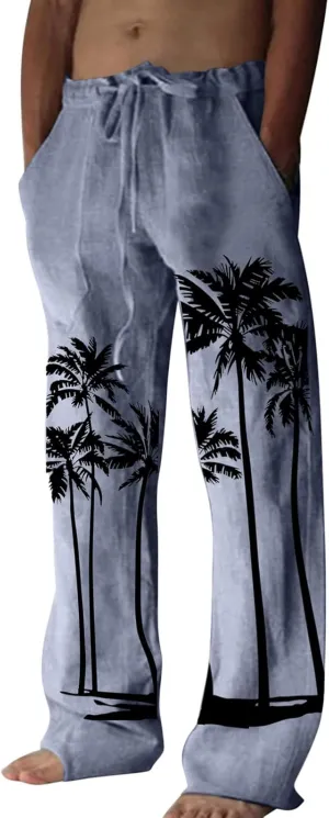 Mens Linen Pants Casual Coconut Tree Print Summer Beach Pants Elastic Waist Drawstring Baggy Trousers with Pockets