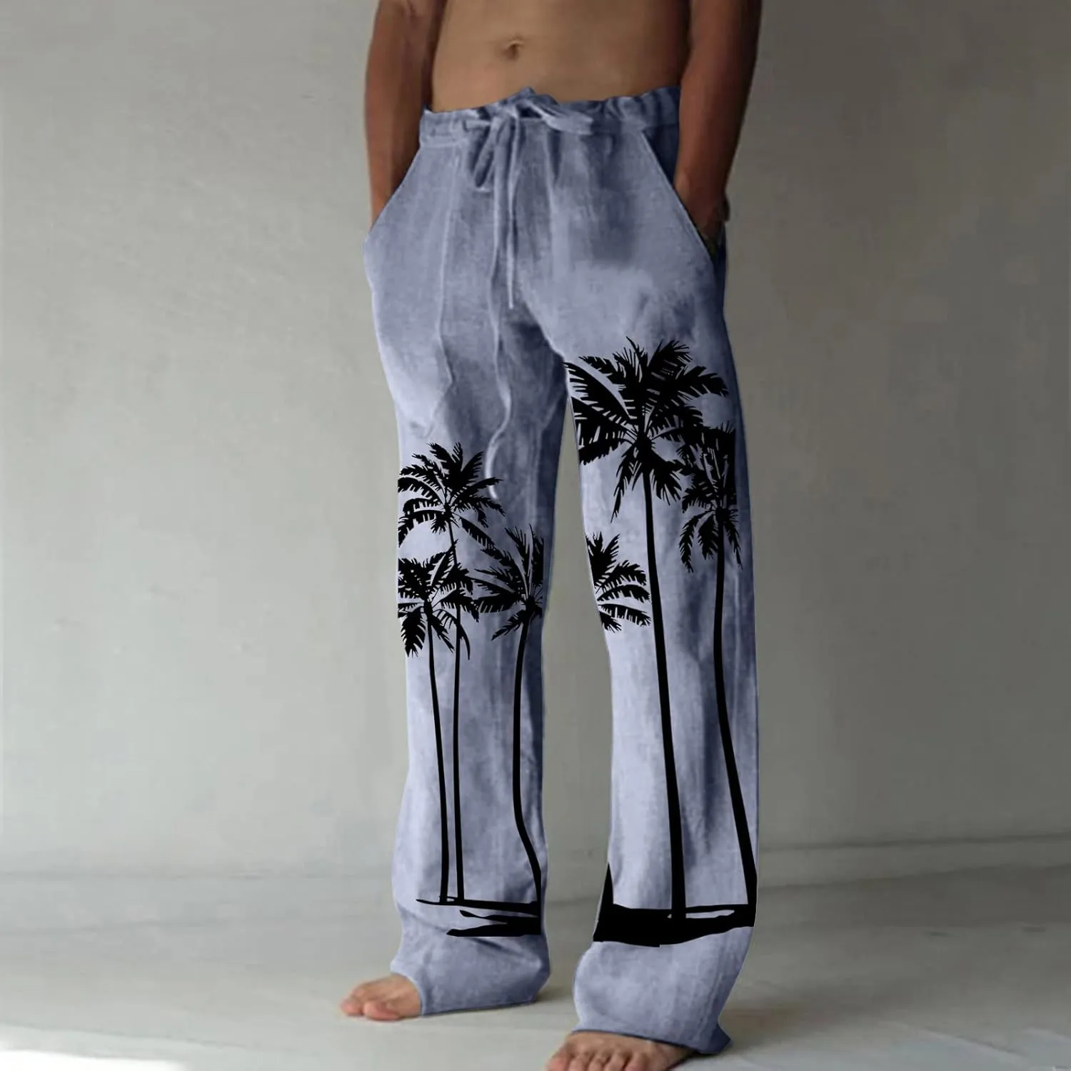 Mens Linen Pants Casual Coconut Tree Print Summer Beach Pants Elastic Waist Drawstring Baggy Trousers with Pockets