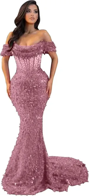 Mermaid Prom Dresses for Women Sparkly Sequin Off Shoulder Corset Long Formal Evening Gowns