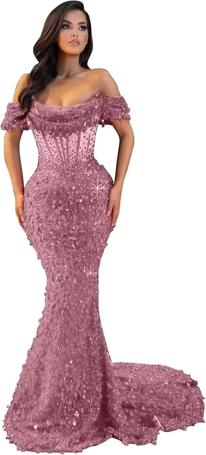 Mermaid Prom Dresses for Women Sparkly Sequin Off Shoulder Corset Long Formal Evening Gowns