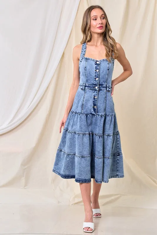 Mid Denim Premium A-Line Tiered Denim Dress With Stretch