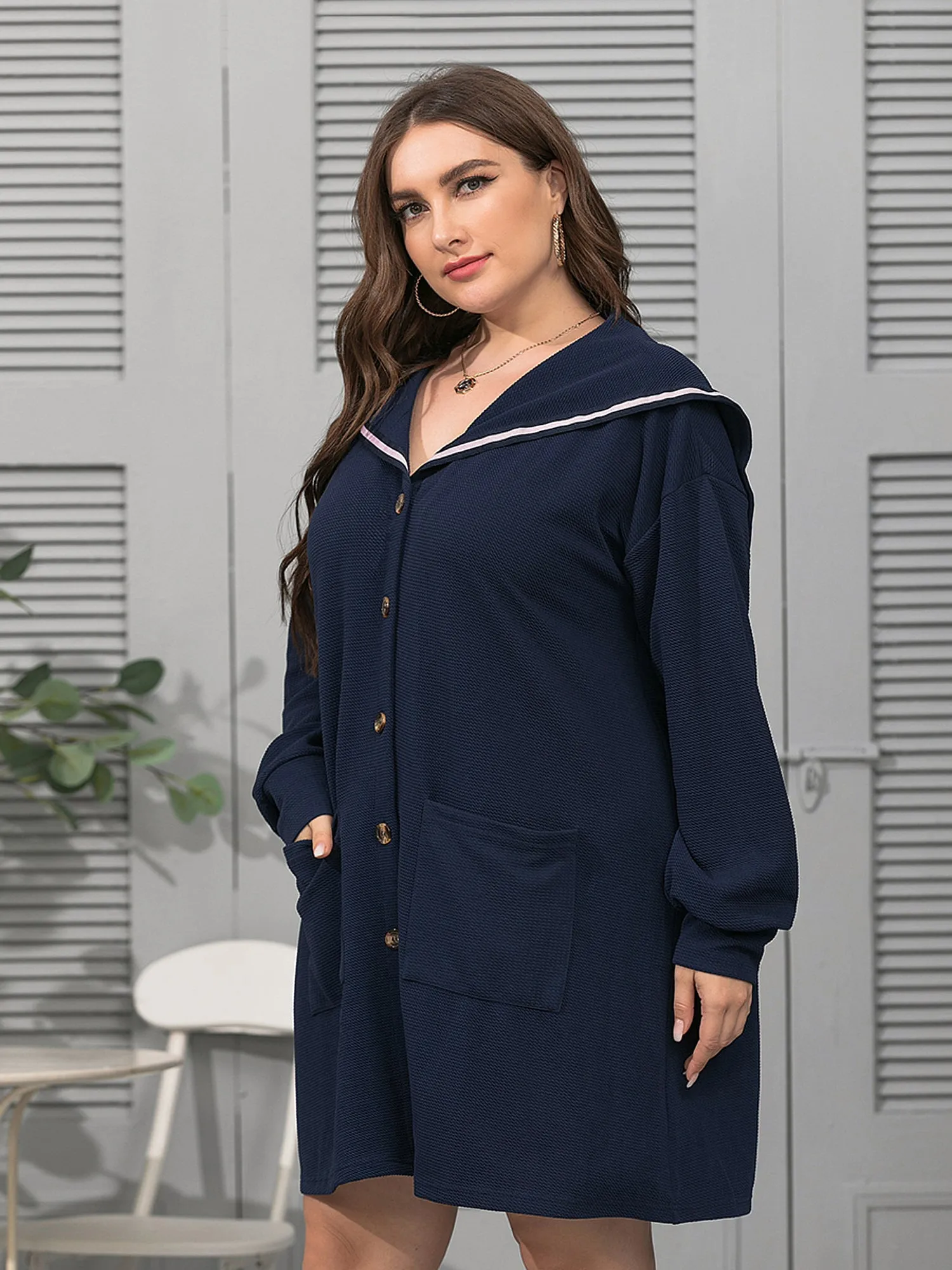 Midsize Navy Style Casual Jacket Dress