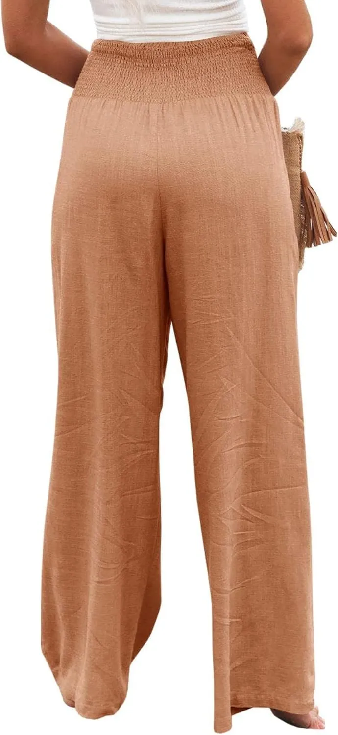 Mmoneyake Women Wide Leg Pants Casual Summer High Waisted Cotton Linen Palazzo Pants Long Lounge Pant Pajama Trousers Women