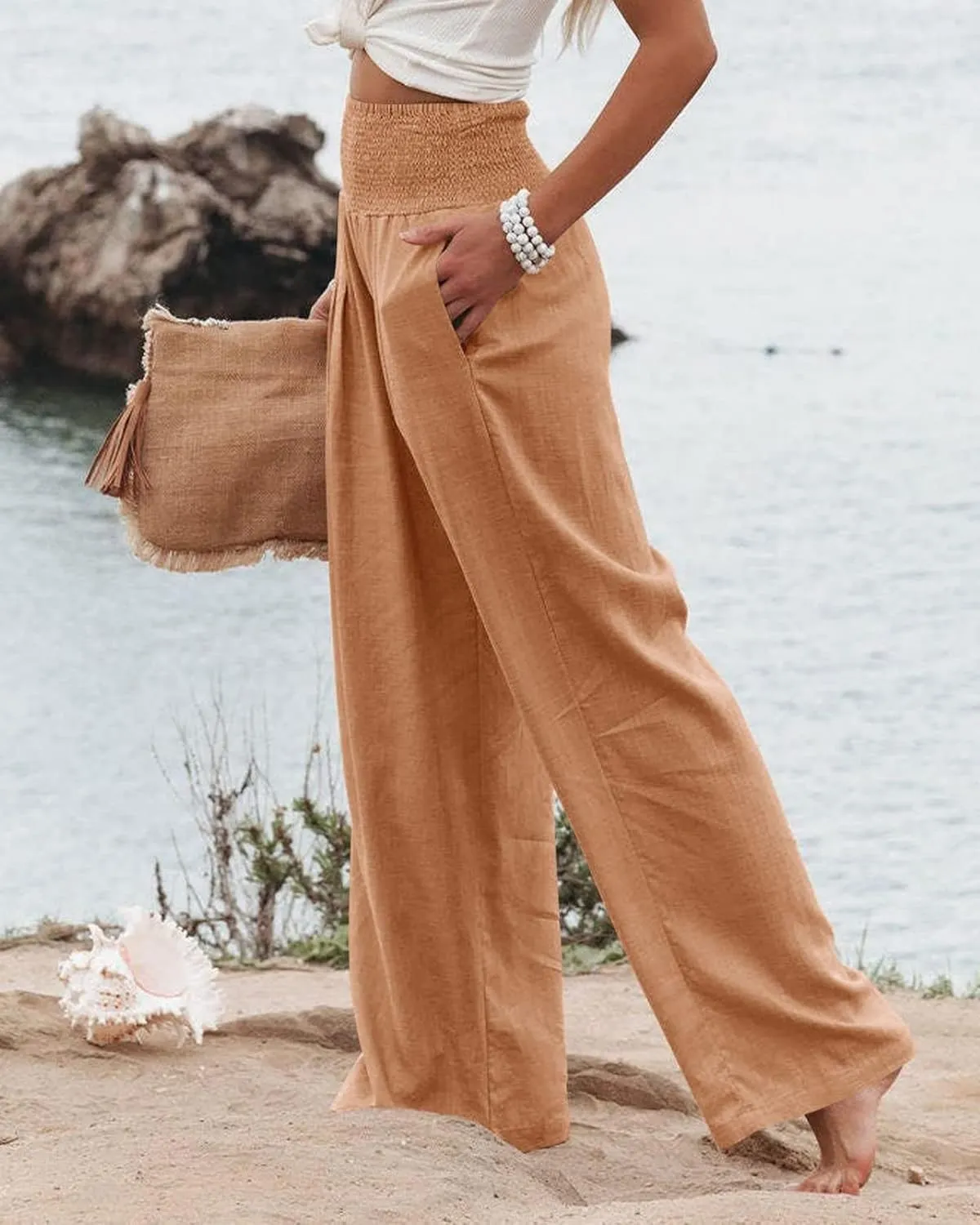 Mmoneyake Women Wide Leg Pants Casual Summer High Waisted Cotton Linen Palazzo Pants Long Lounge Pant Pajama Trousers Women