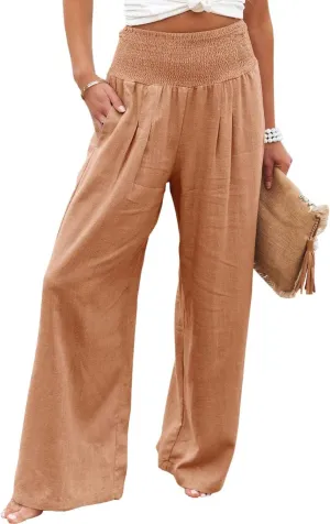 Mmoneyake Women Wide Leg Pants Casual Summer High Waisted Cotton Linen Palazzo Pants Long Lounge Pant Pajama Trousers Women