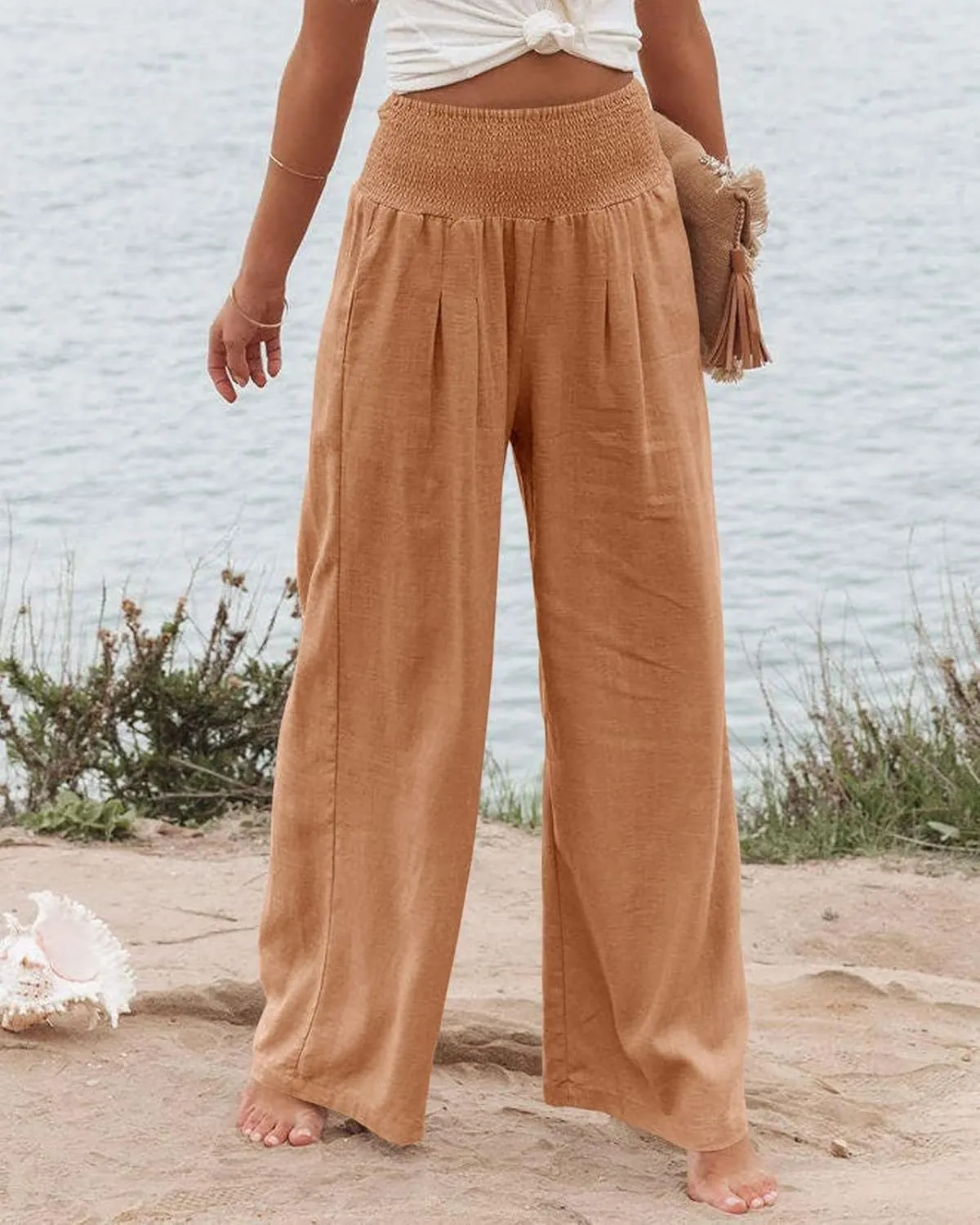 Mmoneyake Women Wide Leg Pants Casual Summer High Waisted Cotton Linen Palazzo Pants Long Lounge Pant Pajama Trousers Women
