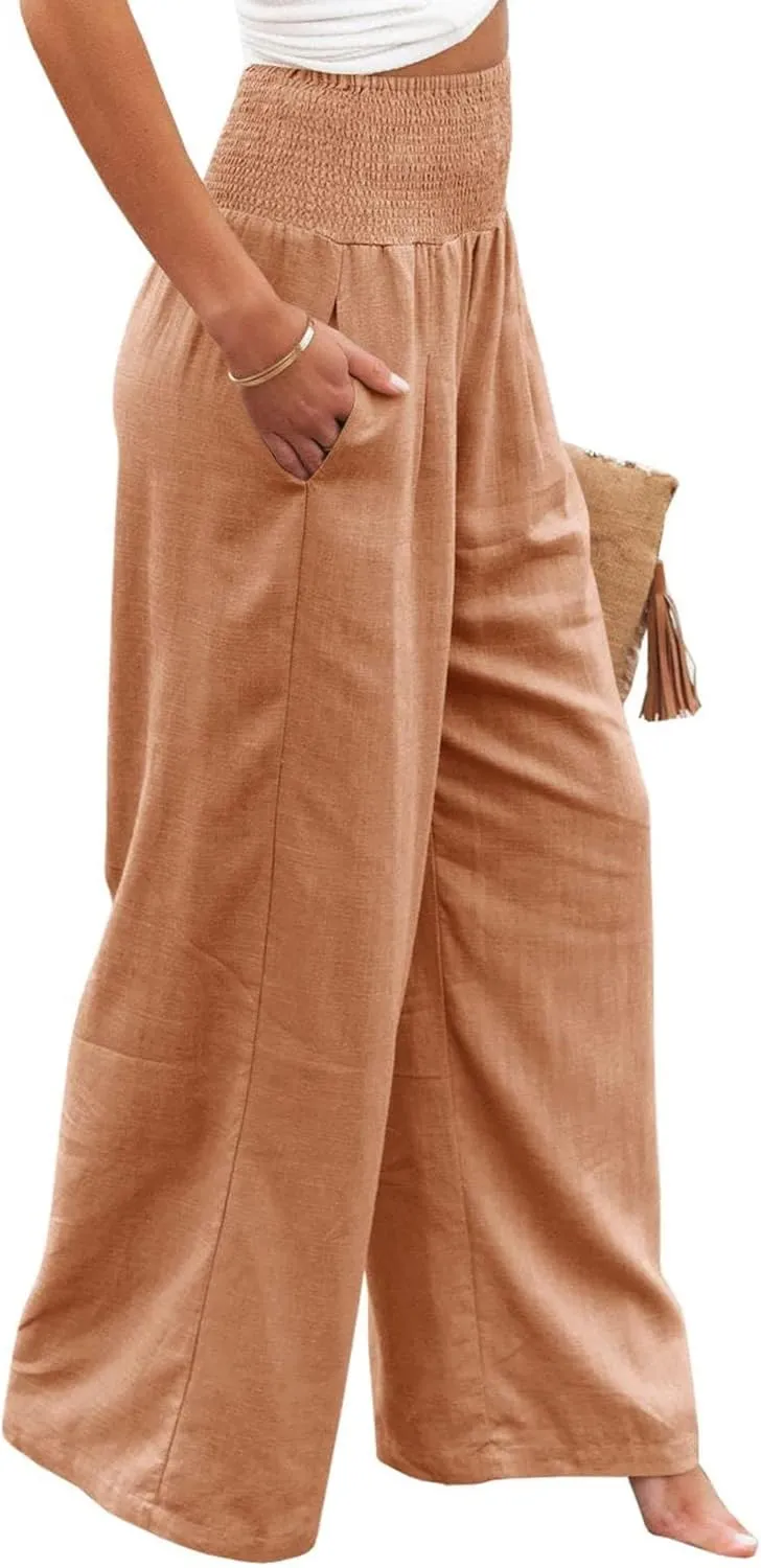 Mmoneyake Women Wide Leg Pants Casual Summer High Waisted Cotton Linen Palazzo Pants Long Lounge Pant Pajama Trousers Women
