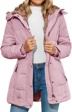 Mmoneyake Women's Winter Puffer Coat Fleece Lined Down Jacket Warm Thicken Long Parka Hooded Jacket Overcoat with Pockets