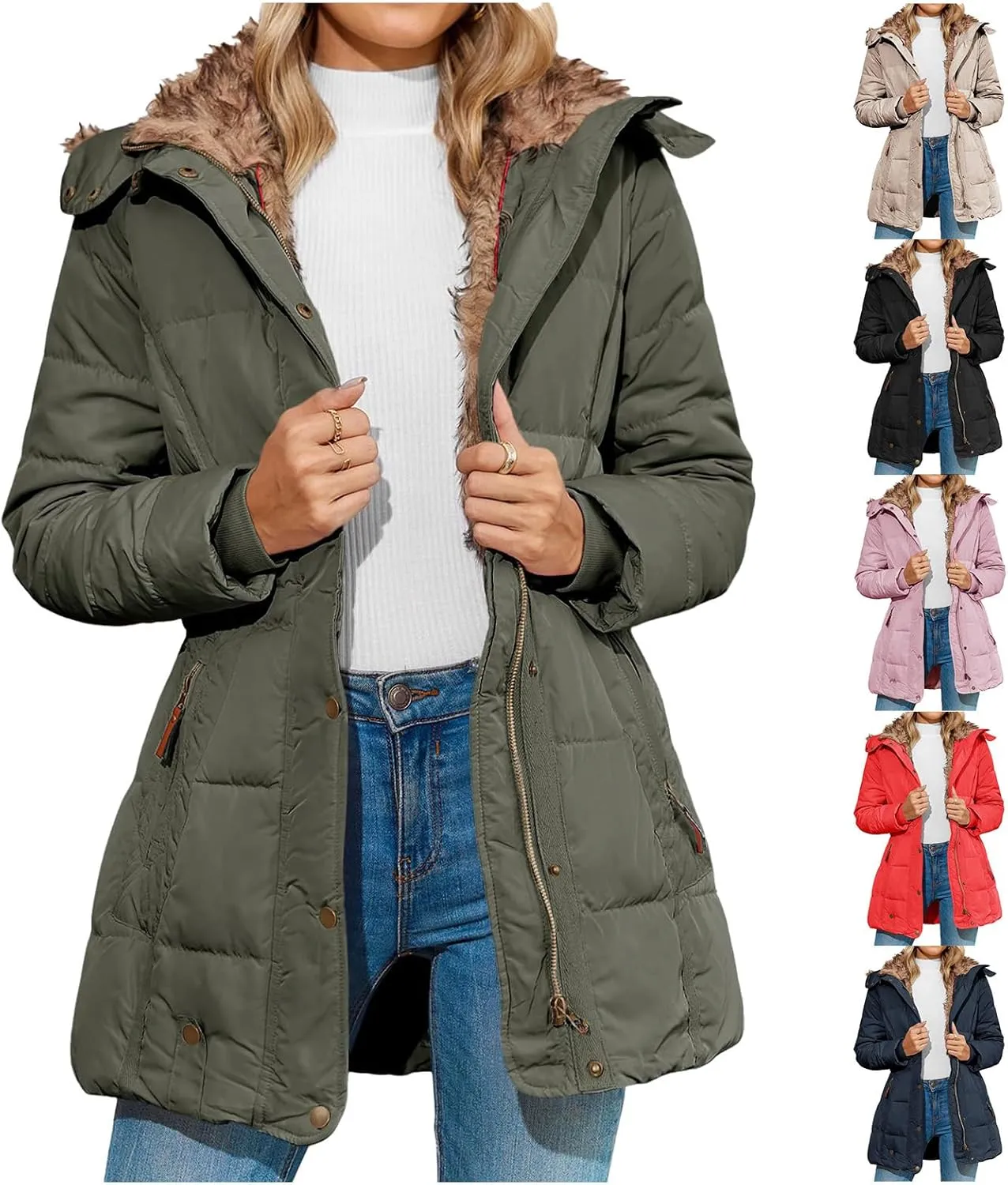 Mmoneyake Women's Winter Puffer Coat Fleece Lined Down Jacket Warm Thicken Long Parka Hooded Jacket Overcoat with Pockets
