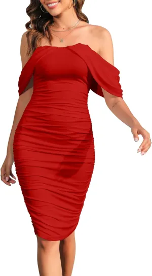 Mokoru Women's Sexy Elegant Ruched Off Shoulder Bodycon Cocktail Party Midi Dresses