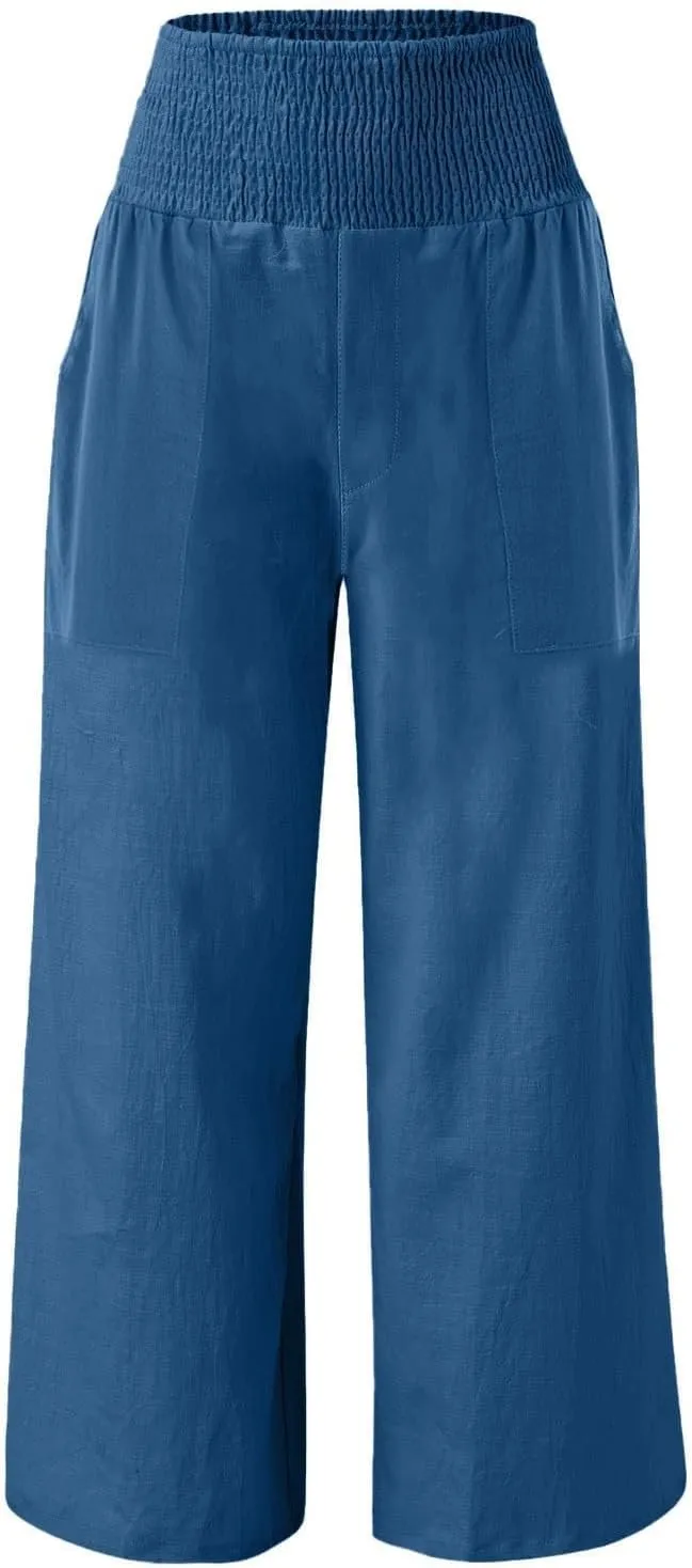 NBXNZWF Women Cotton Linen Pants Tummy Control Smocked High Waisted Wide Leg Casual Trousers Summer Lounge Pants with Pocket