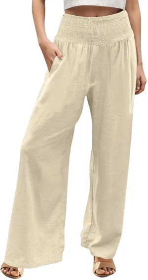 NBXNZWF Women Cotton Linen Pants Tummy Control Smocked High Waisted Wide Leg Casual Trousers Summer Lounge Pants with Pocket