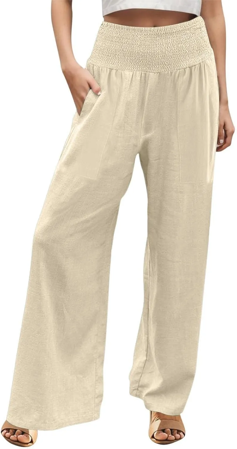 NBXNZWF Women Cotton Linen Pants Tummy Control Smocked High Waisted Wide Leg Casual Trousers Summer Lounge Pants with Pocket