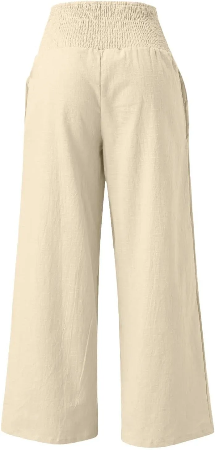 NBXNZWF Women Cotton Linen Pants Tummy Control Smocked High Waisted Wide Leg Casual Trousers Summer Lounge Pants with Pocket