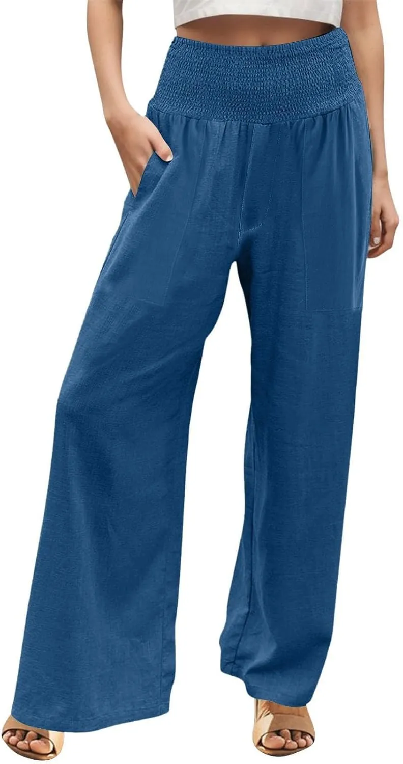 NBXNZWF Women Cotton Linen Pants Tummy Control Smocked High Waisted Wide Leg Casual Trousers Summer Lounge Pants with Pocket