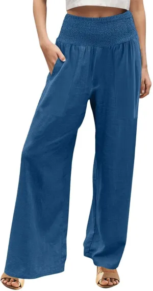 NBXNZWF Women Cotton Linen Pants Tummy Control Smocked High Waisted Wide Leg Casual Trousers Summer Lounge Pants with Pocket