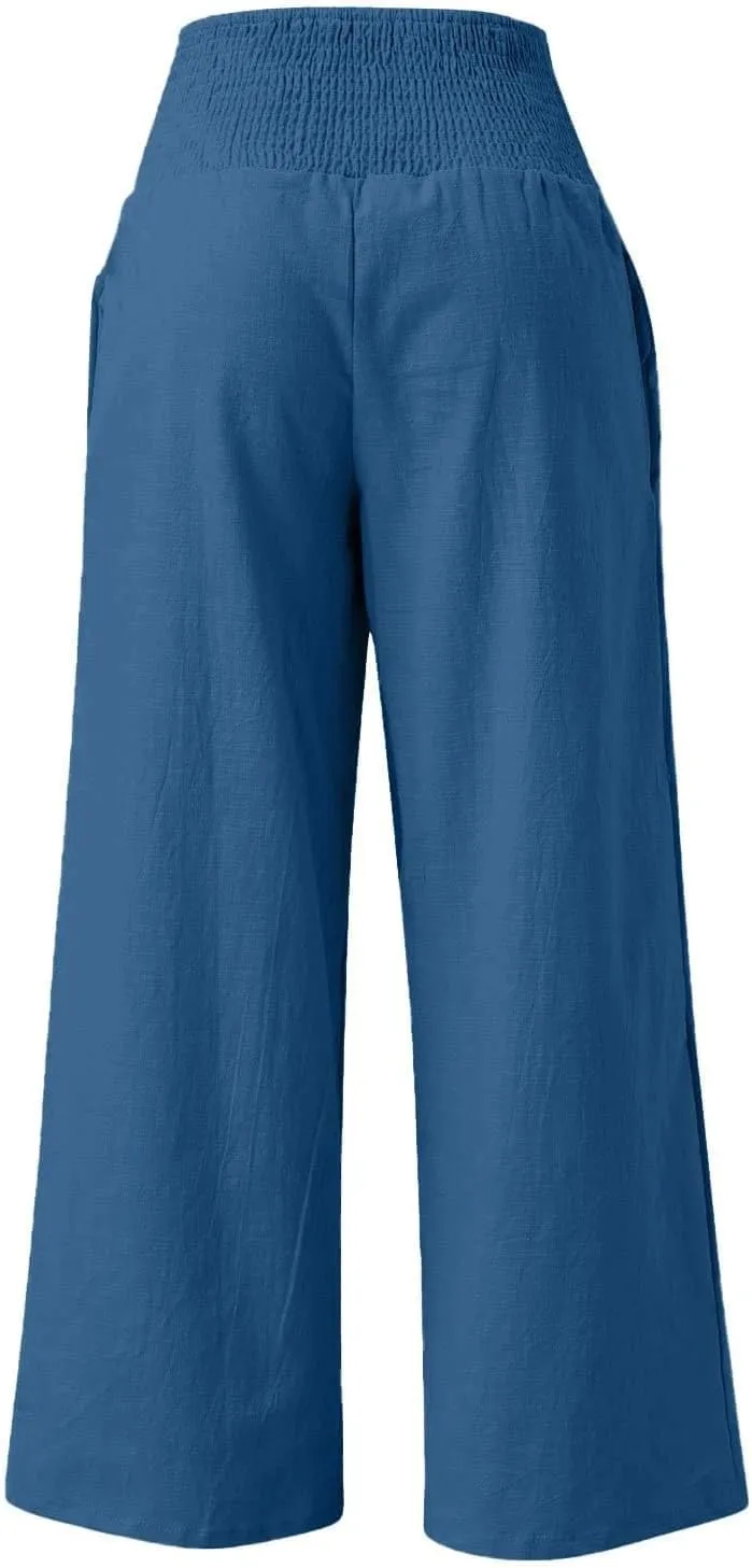 NBXNZWF Women Cotton Linen Pants Tummy Control Smocked High Waisted Wide Leg Casual Trousers Summer Lounge Pants with Pocket