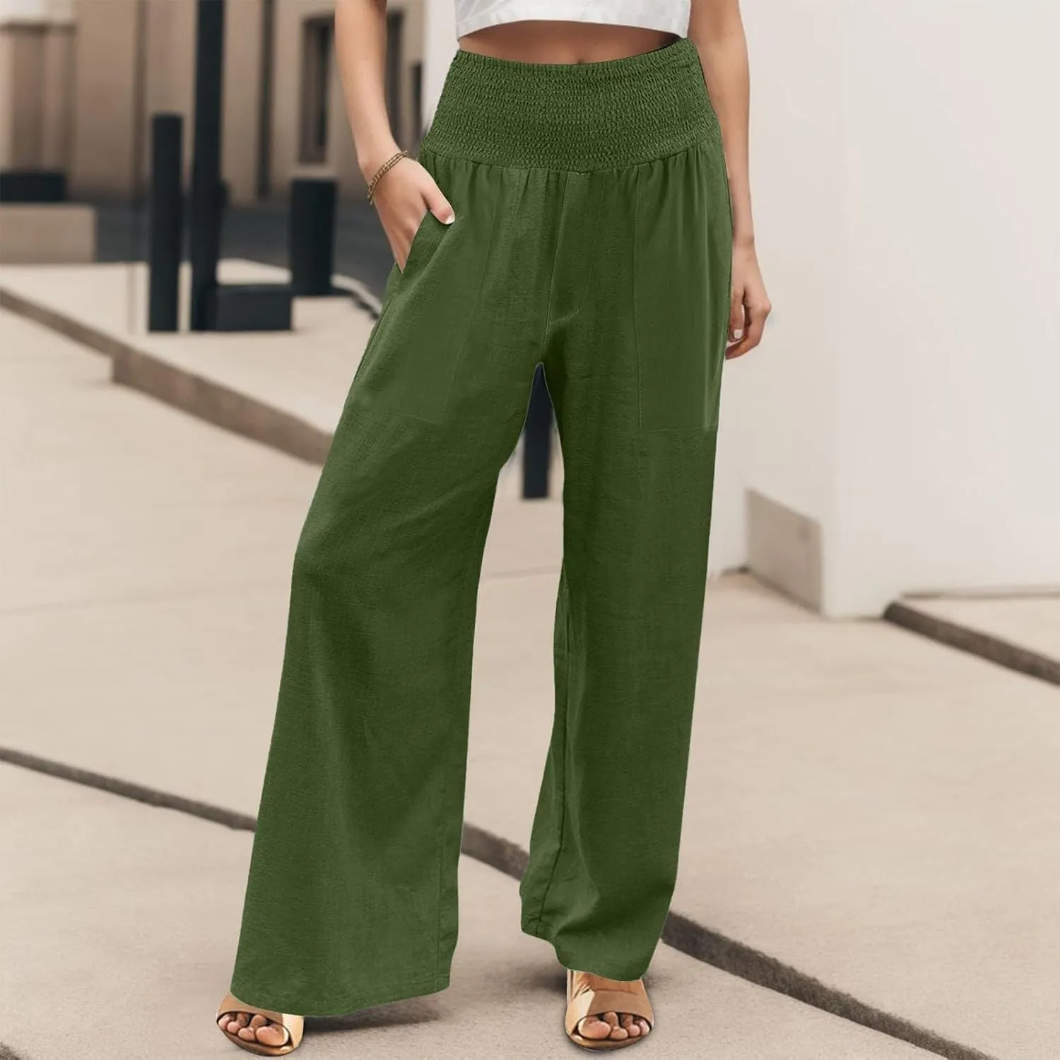 NBXNZWF Women Cotton Linen Pants Tummy Control Smocked High Waisted Wide Leg Casual Trousers Summer Lounge Pants with Pocket