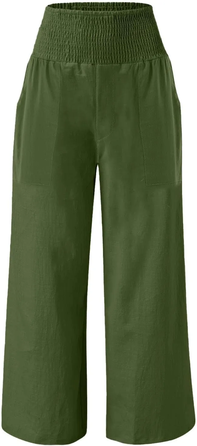 NBXNZWF Women Cotton Linen Pants Tummy Control Smocked High Waisted Wide Leg Casual Trousers Summer Lounge Pants with Pocket