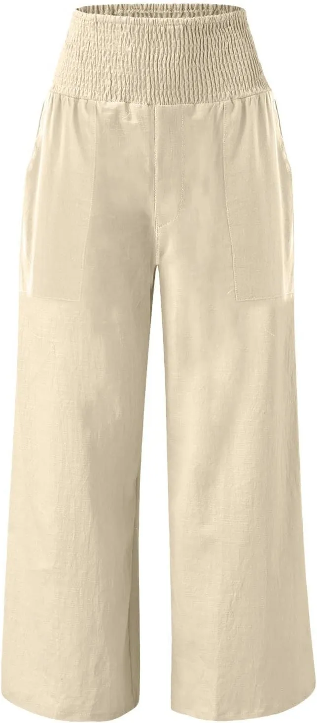 NBXNZWF Women Cotton Linen Pants Tummy Control Smocked High Waisted Wide Leg Casual Trousers Summer Lounge Pants with Pocket