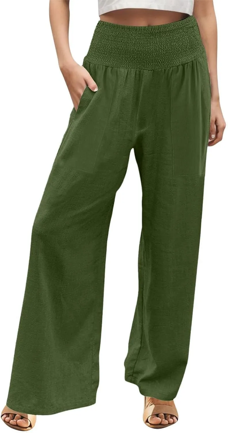 NBXNZWF Women Cotton Linen Pants Tummy Control Smocked High Waisted Wide Leg Casual Trousers Summer Lounge Pants with Pocket