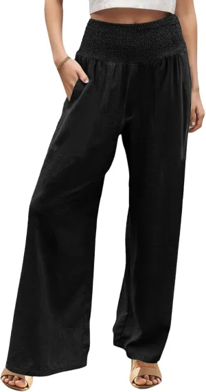 NBXNZWF Women Cotton Linen Pants Tummy Control Smocked High Waisted Wide Leg Casual Trousers Summer Lounge Pants with Pocket