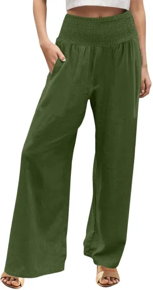 NBXNZWF Women Cotton Linen Pants Tummy Control Smocked High Waisted Wide Leg Casual Trousers Summer Lounge Pants with Pocket