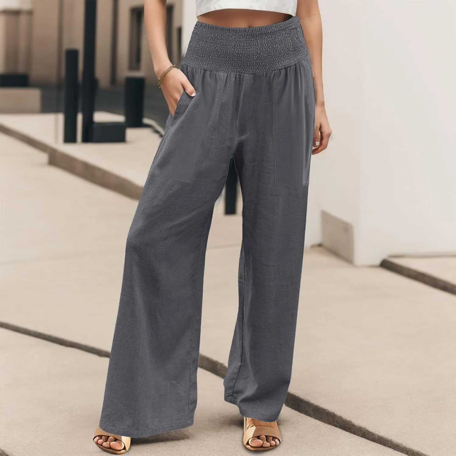 NBXNZWF Women Cotton Linen Pants Tummy Control Smocked High Waisted Wide Leg Casual Trousers Summer Lounge Pants with Pocket