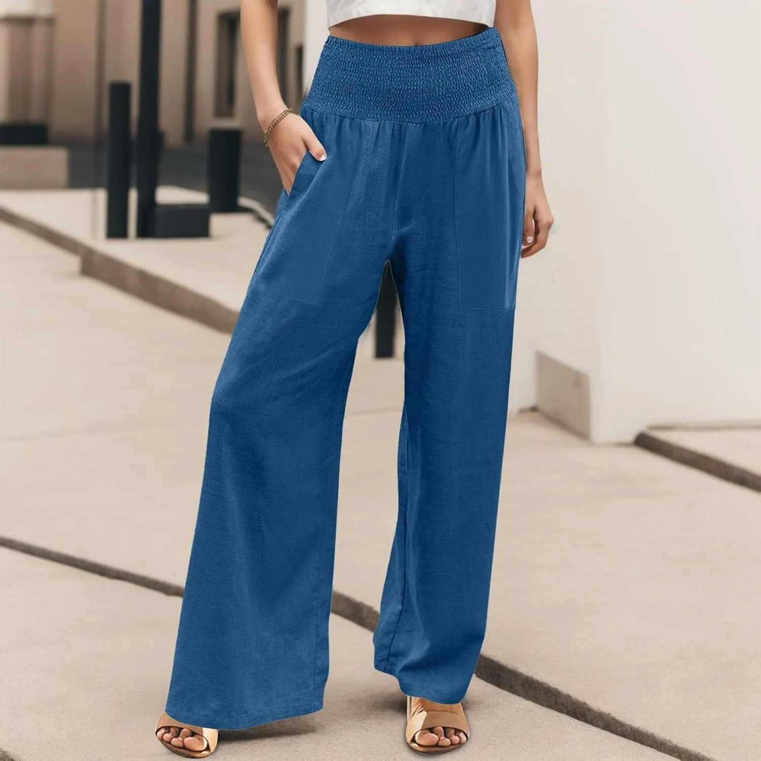 NBXNZWF Women Cotton Linen Pants Tummy Control Smocked High Waisted Wide Leg Casual Trousers Summer Lounge Pants with Pocket