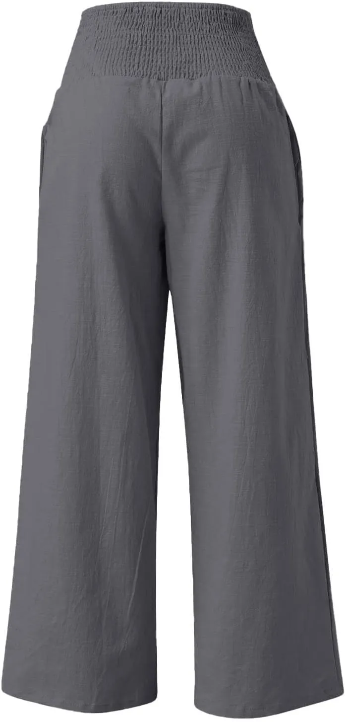 NBXNZWF Women Cotton Linen Pants Tummy Control Smocked High Waisted Wide Leg Casual Trousers Summer Lounge Pants with Pocket