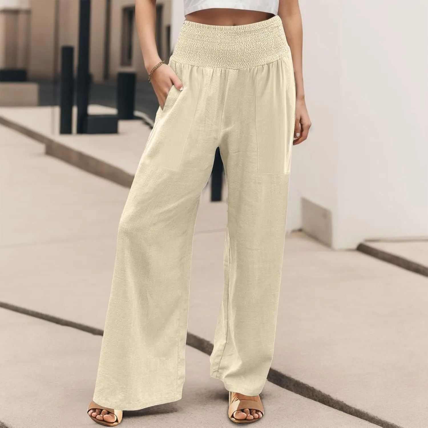 NBXNZWF Women Cotton Linen Pants Tummy Control Smocked High Waisted Wide Leg Casual Trousers Summer Lounge Pants with Pocket