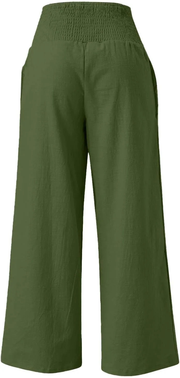 NBXNZWF Women Cotton Linen Pants Tummy Control Smocked High Waisted Wide Leg Casual Trousers Summer Lounge Pants with Pocket