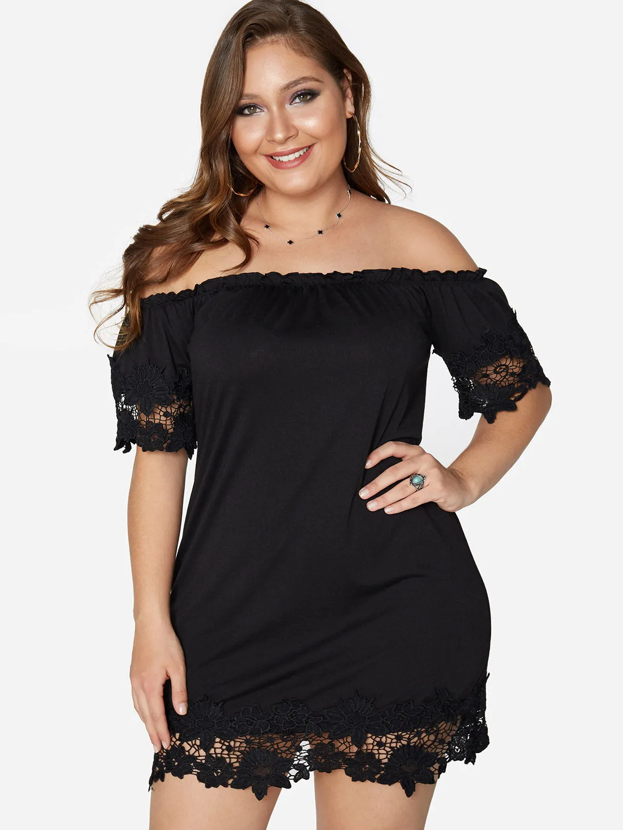 OEM ODM Plain Lace Half Sleeve Bodycon Black Plus Size Dresses