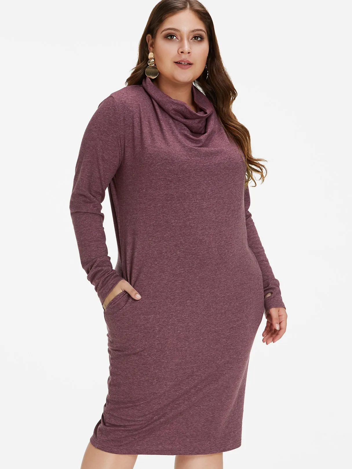 OEM ODM Plain Side Pockets Long Sleeve Plus Size Dress