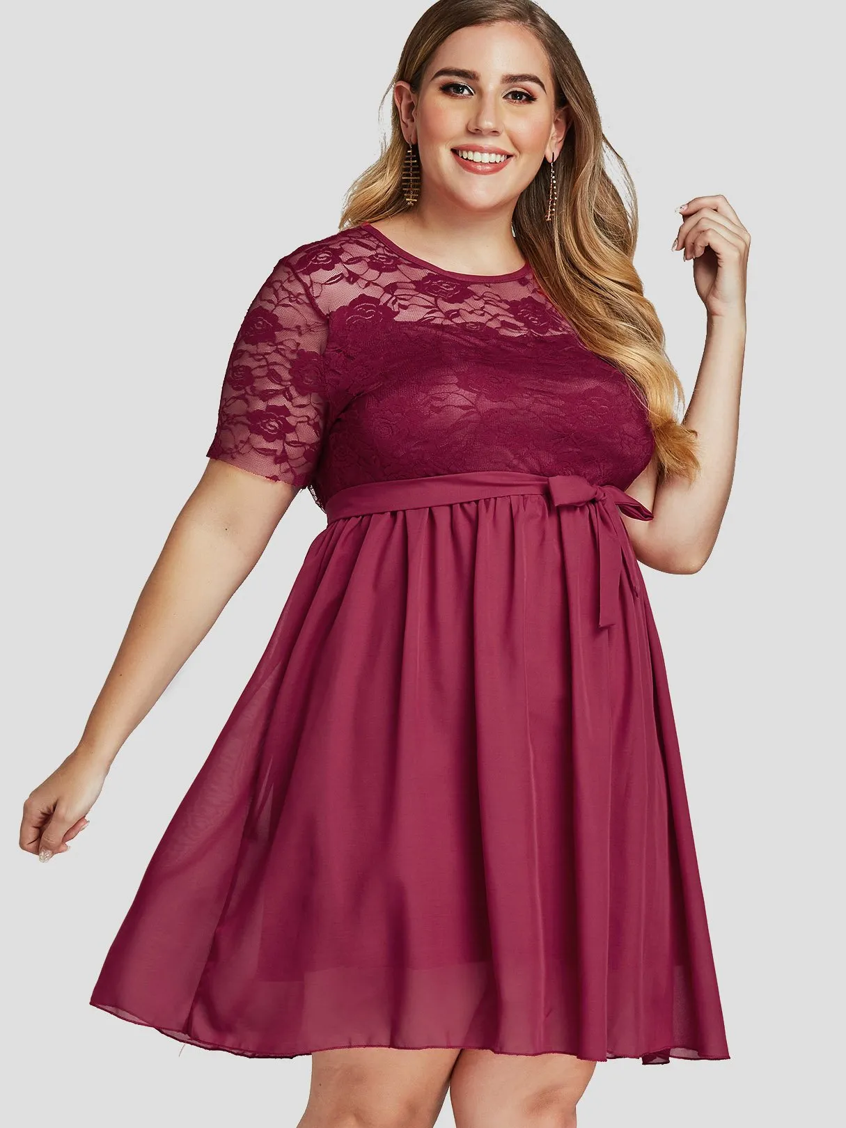 OEM ODM Round Neck Lace See Through Self-Tie Short Sleeve Flounced Hem Plus Size Dress
