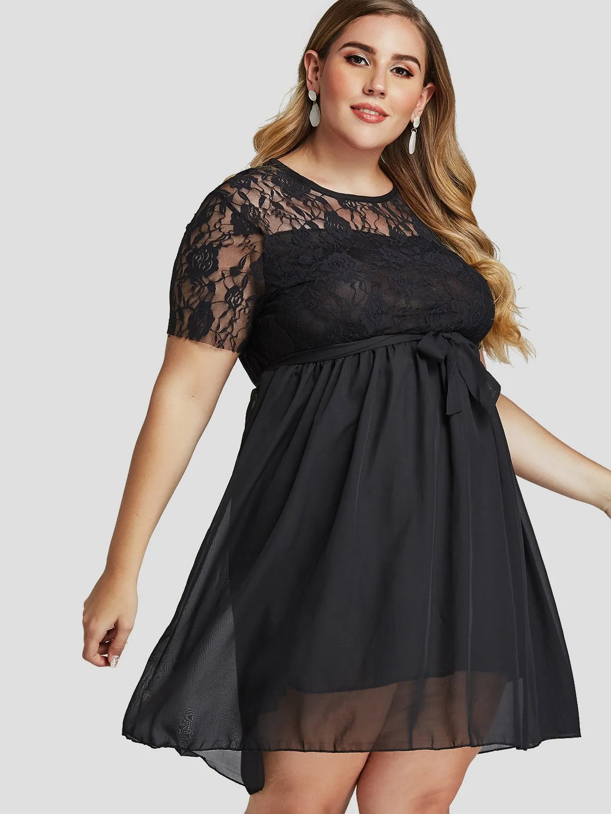 OEM ODM Round Neck Lace See Through Self-Tie Short Sleeve Flounced Hem Plus Size Dress